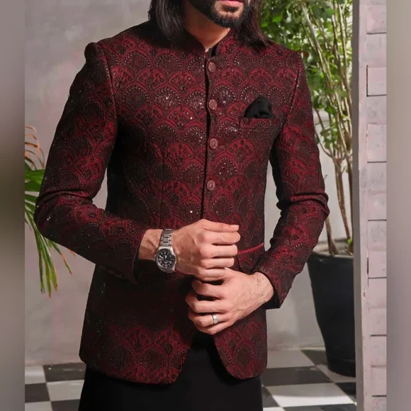 NEW Men's Maroon Embroidered Sequin Prince Jacket Blazer Suit Formal XL - Picture 2 of 7